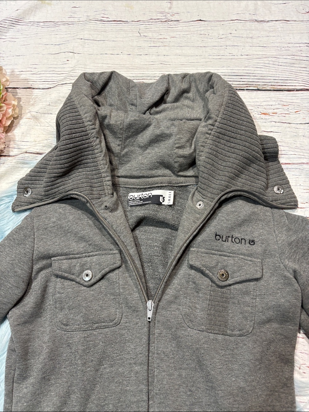 Burton Gray Hooded Ribbed Button Front Sweatshirt Jacket - Picture 6 of 9